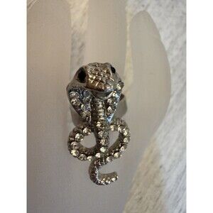 Vintage Silver Tone Rhinestone Cobra Snake Ring Coiled Serpent Clear Crystal 6.5